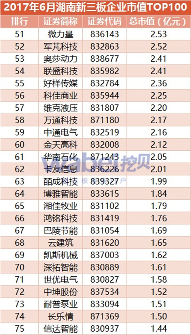 2017年6月湖南新三板企業市值TOP100（挖貝新三板研究院制圖）3