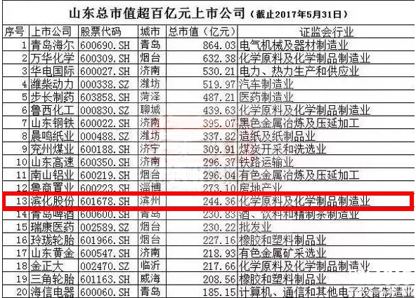 山東濱州市值破百億的公司