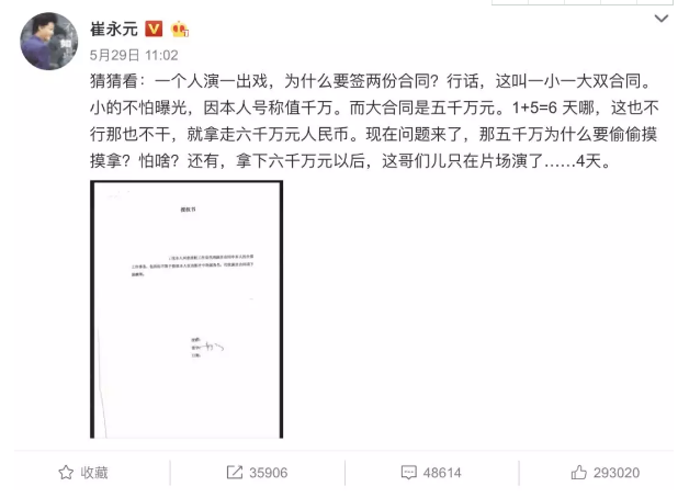 崔永元發(fā)微博指范冰冰簽大小合同
